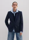 Me+em Sharp Shoulder Pinstripe Boyfriend Blazer In Navy