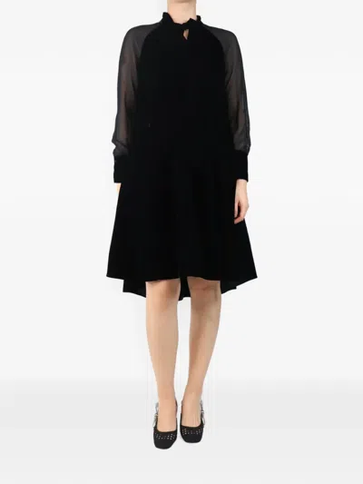 Pre-owned Me+em Sheer-sleeve Velvet Asymmetric Dress In Black