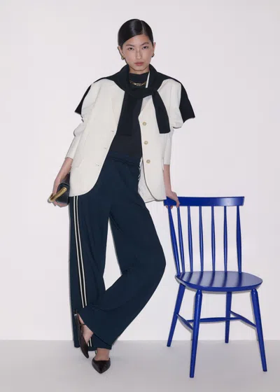 Me+em Side Stripe Barrel Leg Trouser Navy-cream In Navy/cream