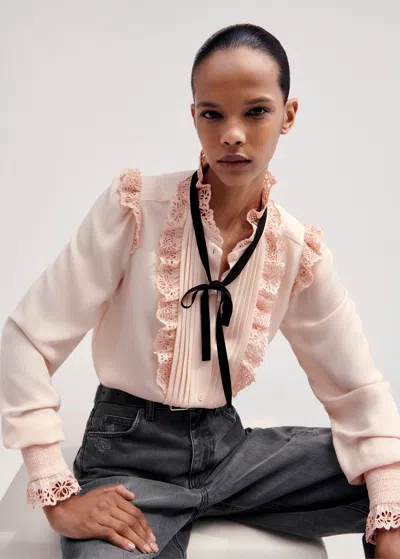 Me+em Silk Broderie Trim Blouse + Tie In Peach Whip/black