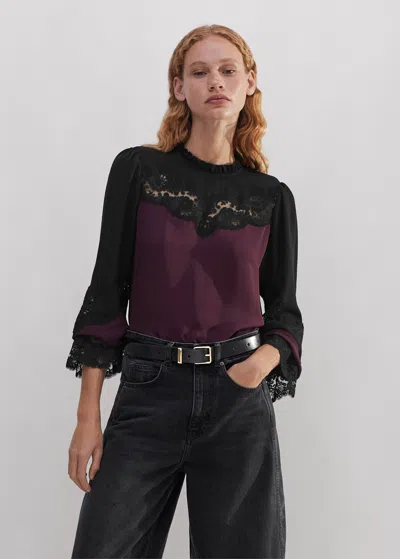 Me+em Silk Colour Block Lace Trim Blouse In Black/deep Merlot