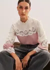 Me+em Silk Color Block Lace Trim Blouse In Light Cream/smoke Pink