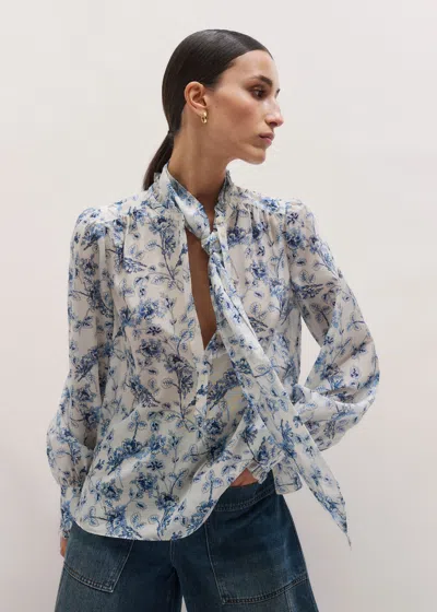 Me+em Silk Cotton Blend Floral Print Blouse + Tie Light Cream Multi