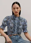 Me+em Silk Cotton Floral Print Blouse In Navy/light Blue/light Cream