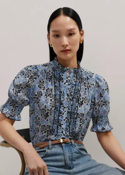 Me+em Silk Cotton Floral Print Blouse In Navy/light Blue/light Cream