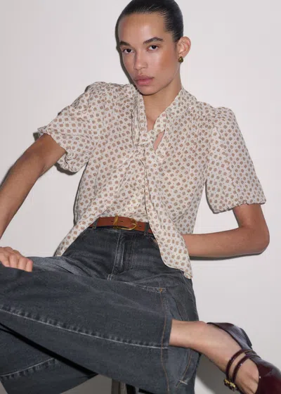 Me+em Silk Cotton Foulard Print Short Sleeve Blouse + Tie Light Cream Multi