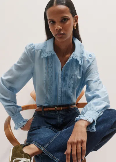 Me+em Silk Cotton Lace Trim Straight Blouse Cloud Blue