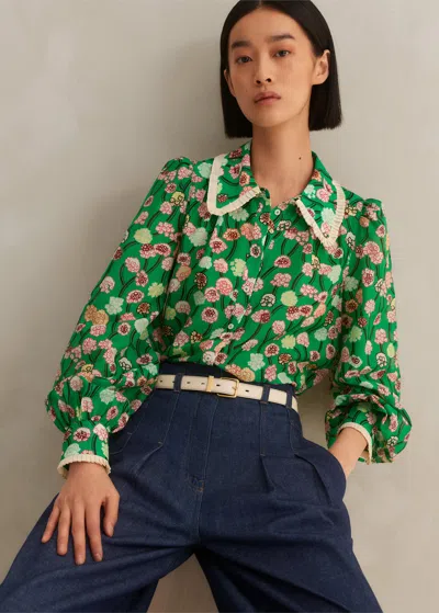 Me+em Silk Cotton Lantana Flower Print Shirt In Green/pink/multi