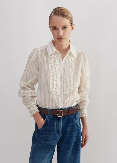 Me+em Silk Cotton Pinstripe Ruffle Blouse In Light Cream/black