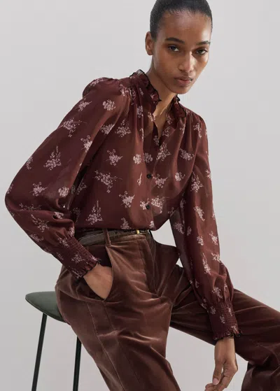 Me+em Silk Cotton Scattered Floral Print Blouse In Rum Raisin/fresh Lavender