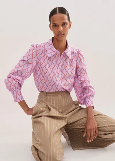 Me+em Silk Cotton Trellis Floral Print Blouse In Lupin Lilac/red