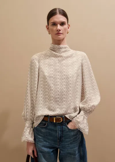 Me+em Silk Delicate Ribbon Print Cowl Neck Straight Top Light Cream/brown In Neutral