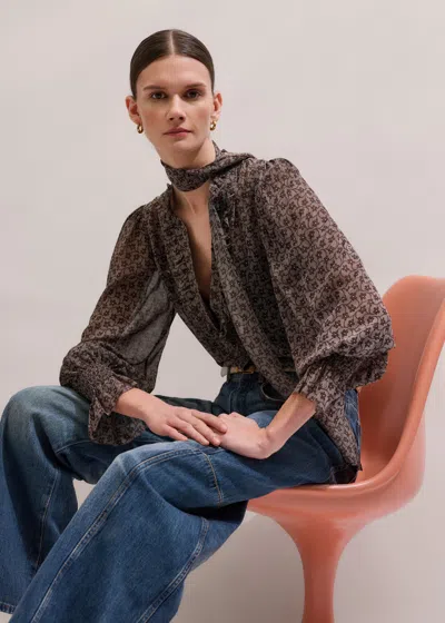 Me+em Silk Ditsy Lace Print Straight Blouse With Tie + Cami Brown/light Cream In Multi