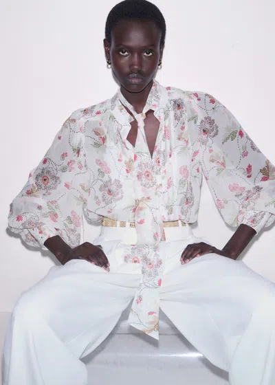 Me+em Silk Dotted Poppy Print Blouse With Cami + Tie Light Cream Multi