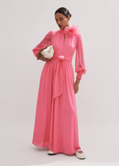 Me+em Silk Full-length Dress With Corsage + Belt In Perfect Pink