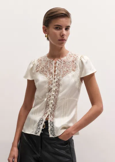 Me+em Silk Satin And Lace Cap Sleeve Top Light Cream In White