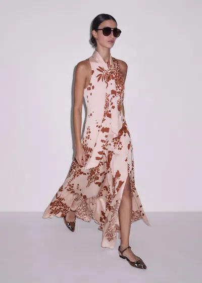 Me+em Silk Satin Draping Wisteria Print Full Length Dress + Tie Pink-cinnamon Brown In Neutral