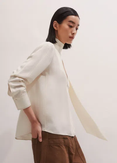 Me+em Silk Topstitched High Neck Blouse + Tie Light Cream In Sand