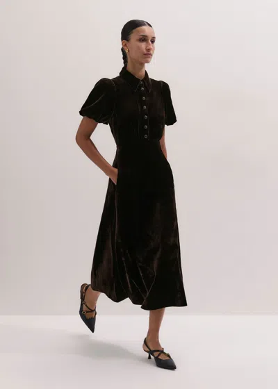 Me+em Silk Velvet Statement Sleeve Midi Dress Double Espresso In Brown