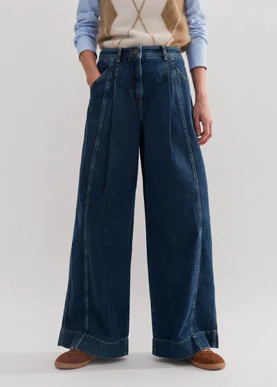 Me+em Soft Denim Pleated Pant In Mid Wash Denim