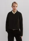 Me+em Soft Donegal Tweed High V-neck Crop Sweater In Warm Chocolate Speckle