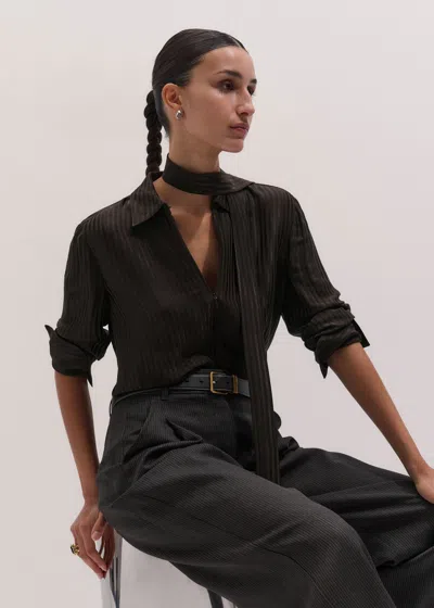 Me+em Stripe Fluid Satin Shirt + Tie Chocolate Brown In Black