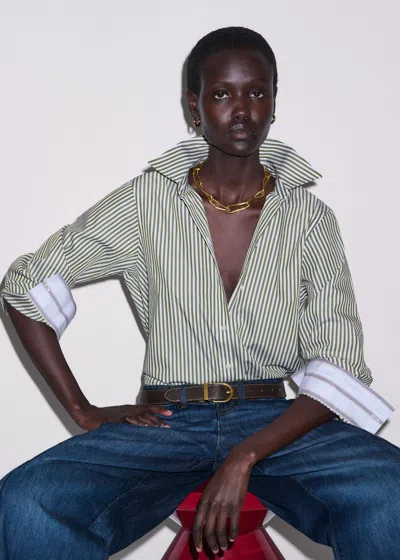 Me+em Stripe Relaxed Forever Shirt Olive-soft White In Green