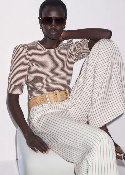 Me+em Striped Pouf Sleeve Tee Cinnamon Brown-light Cream In Cinnamon Brown/light Cream