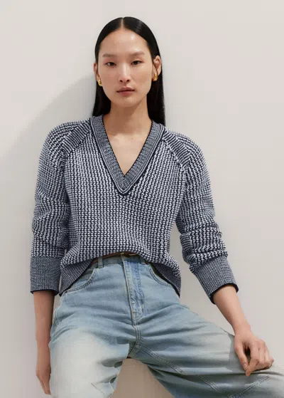 Me+em Textured Stitch Cotton V-neck Jumper In Navy/soft White
