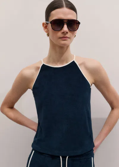 Me+em Towelling Halterneck Top Navy-cream In Blue