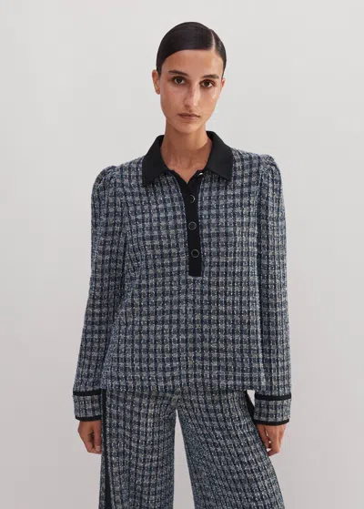 Me+em Tweed Pouf Sleeve Top In Navy/blue/cream