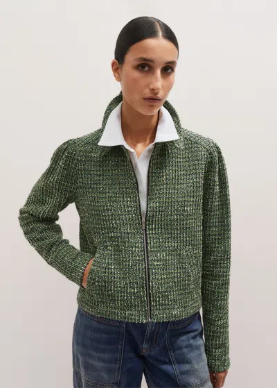 Me+em Tweed Zip-through Box Top In Green/navy/cream