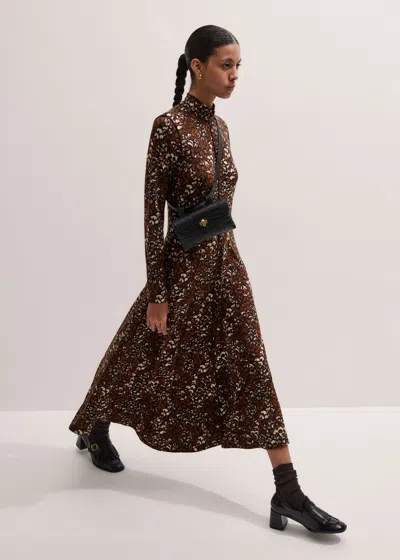 Me+em Twisting Feather Print High Neck Maxi Dress Brown Multi