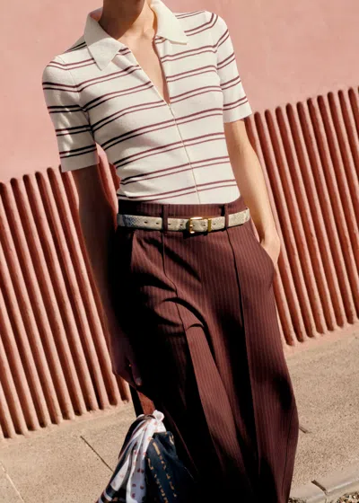 Me+em Two-way Zip Stripe Slim Tee Cream/ganache Brown In Neutral