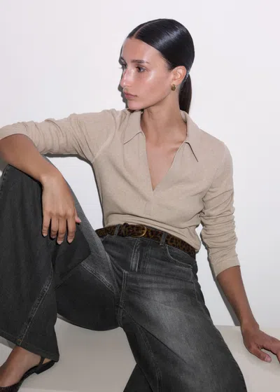 Me+em Ultimate Longsleeve Rib Polo Top Pebble Brown Melange