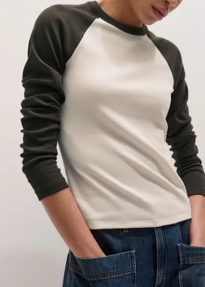 Me+em Ultimate Slim Baseball Top Autumn Ivory-rich Olive Melange In Autumn Ivory/rich Olive Melange