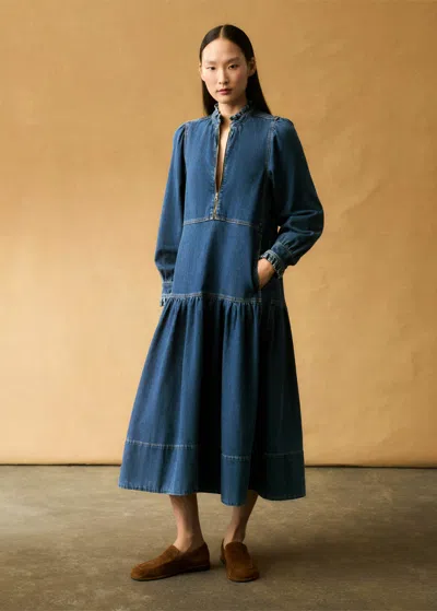 Me+em Washed Denim Midi Dress In Mid Blue