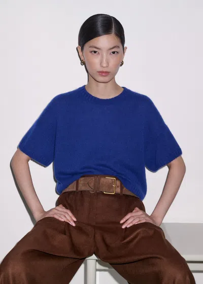 Me+em Wool Cashmere Silk Relaxed Crop Knit Tee Bright Jewel Blue