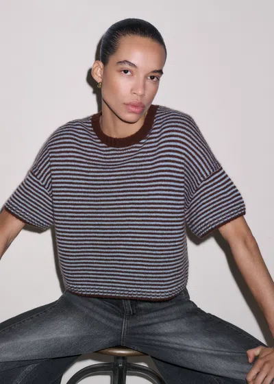 Me+em Wool Cashmere Silk Relaxed Crop Knit Tee Pecan Brown-chambray Blue In Pecan Brown/chambray Blue