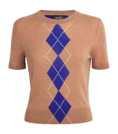 Me+em Wool-cashmere Argyle T-shirt In Brown