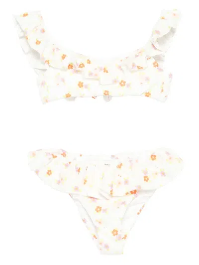Me Fui Kids' Floral Ruffled Bikini In White