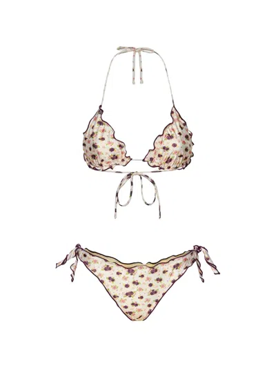 Me Fui Floral-print Ruffled Bikini In Neutral