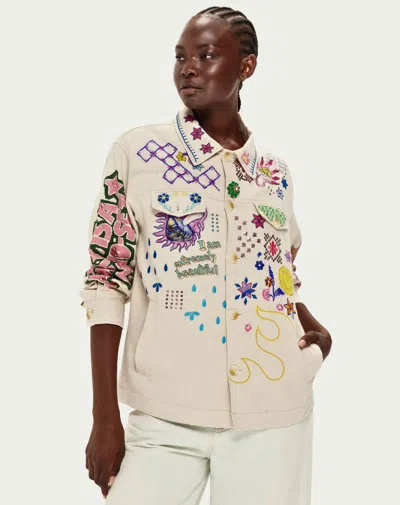Me369 Briann Embroidered Denim Jacket In Markers In Pink