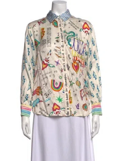 Pre-owned Me369 Graphic Print Long Sleeve Button-up Top W/ Tags In Neutrals