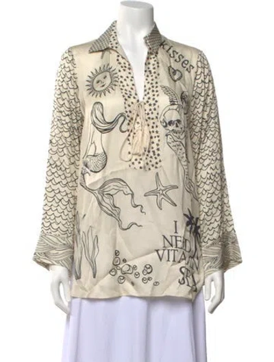 Pre-owned Me369 Graphic Print V-neck Top In Neutrals