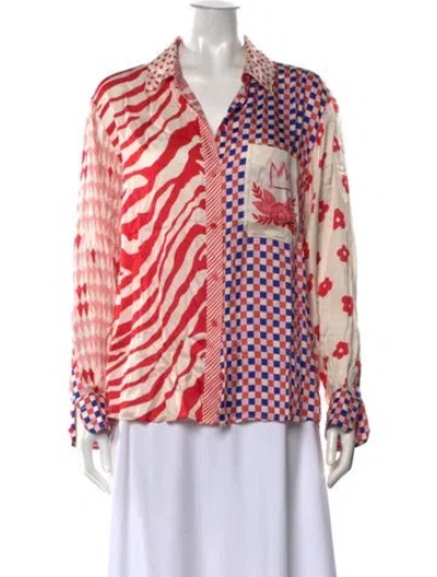 Pre-owned Me369 Patterned V-neck Top In Red