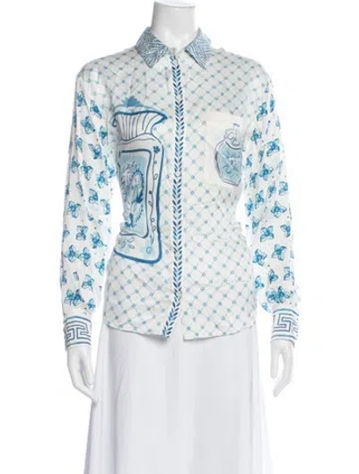 Pre-owned Me369 Printed Long Sleeve Button-up Top In White