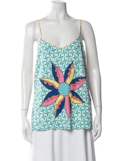 Pre-owned Me369 Printed V-neck Top In White