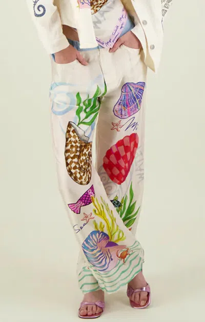 Me369 Sandra Combined Denim Wide Leg Pants In Magic Ocean In Multi