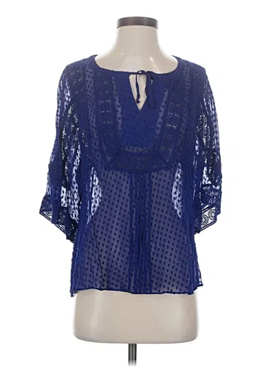 Pre-owned Meadow Rue 3/4 Sleeve Silk Top Blue Keyhole Neckline Tops